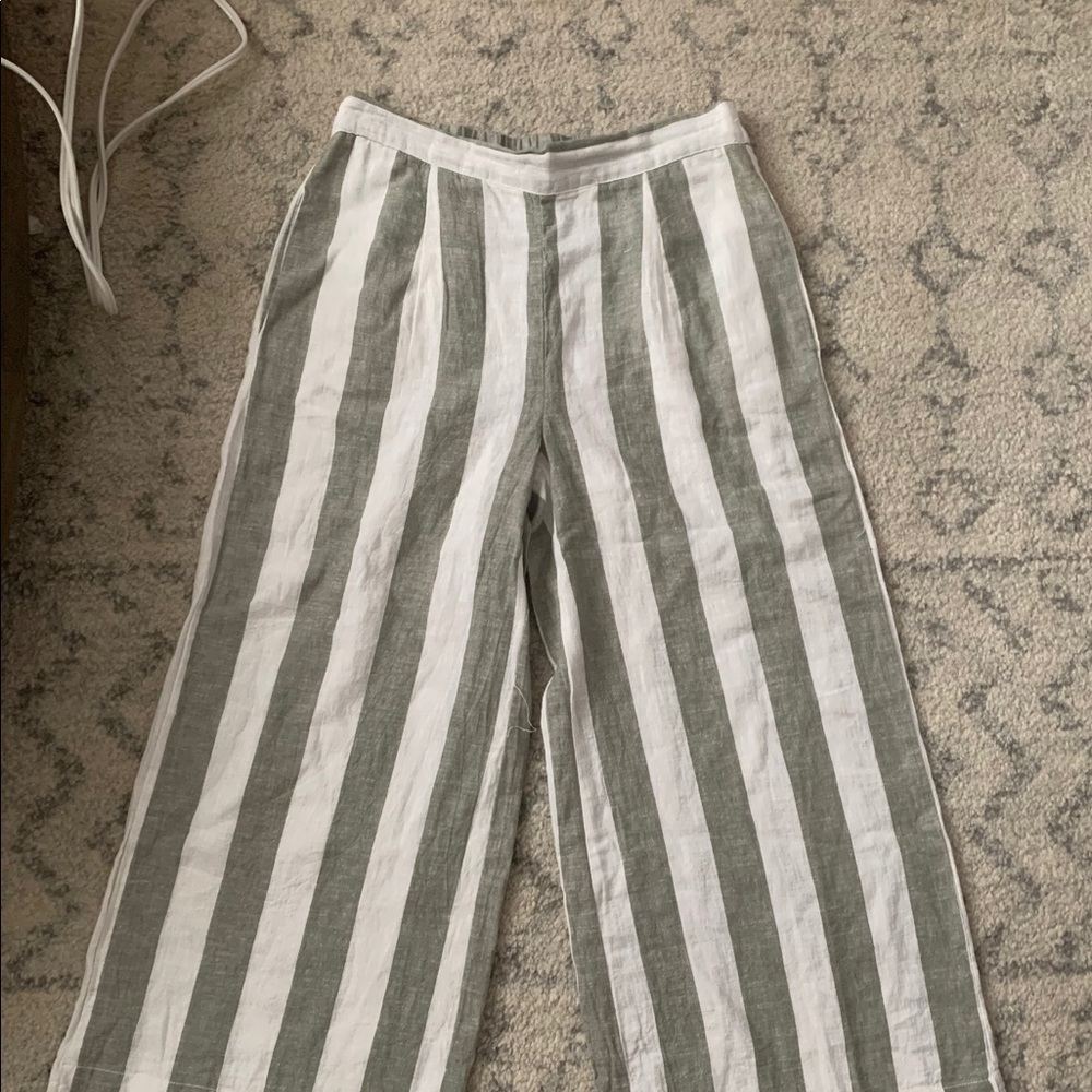 White and Green Striped Linen Pants